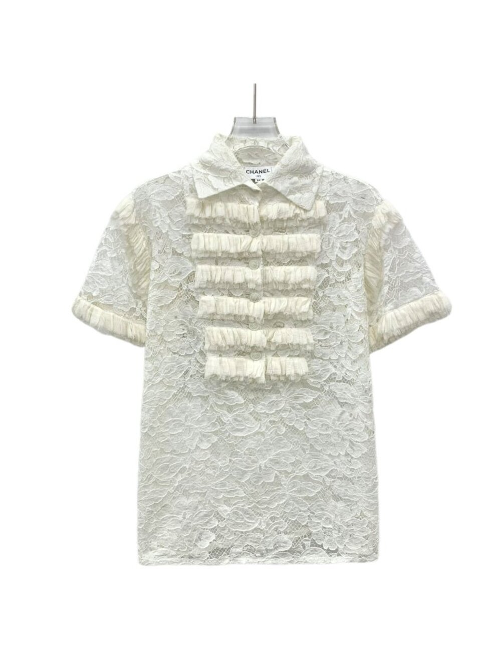 Chanel White Lace Floral Embroidered Cotton Polo Top